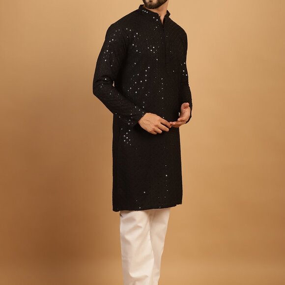 Men Chikankari Embroidered and Sequence Kurta with Aligarh Pyjama - Picture 5 of 9